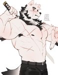 5_fingers anthro canid canine claws clothed clothing dipstick_tail eyebrows facial_scar fingers fur hemuchang hi_res katana male mammal markings melee_weapon muscular muscular_anthro muscular_male scar solo sword tail tail_markings topless topless_anthro topless_male weapon white_body white_fur