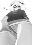 anthro biped black_nose blue_eyes blush bottomwear bottomwear_aside breasts canid canine canis caramel_(omeki) clothing clothing_aside domestic_dog female fur genitals hair hi_res lobotomy_corporation low-angle_view mammal omeki project_moon pussy simple_background smile solo teeth white_background white_hair