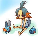 1:1 ambiguous_gender barefoot blue_eyes blue_hair bottomwear clothing cosplay duo feet feral fin generation_3_pokemon hair head_fin hitec human male mammal mudkip multicolored_hair nintendo orange_hair pokemon pokemon_(species) pokemon_trainer shirt shorts sitting tank_top teal_hair toony topwear young