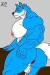 2:3 anthro anus balls big_butt big_muscles big_pecs blush butt canid canine canis digital_media_(artwork) fur genitals hi_res humanoid_genitalia looking_at_viewer lusty_place male mammal muscular muscular_anthro muscular_male nipples nude pecs simple_background solo tail wolf