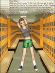 2018 3:4 blue_eyes bottomwear breasts brown_hair clothed clothing diary english_text female fernin footwear fully_clothed green_bottomwear green_clothing green_shorts hair human human_only locker_room mammal not_furry one_eye_closed shoes shorts socks solo soty story_in_picture stretching text