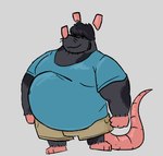 2024 anthro belly big_belly black_body charmcharmcharm clothing dot_eyes hi_res male mammal murid murine overweight overweight_male pink_nose rat rodent shirt simple_background solo topwear