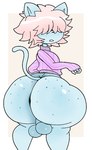 2024 anthro balls big_balls big_butt black_nose blue_body blue_ears blue_fur bottomless butt clothed clothing digital_media_(artwork) domestic_cat felid feline felis freckled_butt freckled_face freckles fur furu_(furu_flami) furu_flami genitals hair hair_over_eyes looking_back male mammal multicolored_clothing multicolored_sweater multicolored_topwear partially_clothed pink_clothing pink_hair pink_sweater pink_topwear solo standing sweater thick_thighs topwear two_tone_clothing two_tone_sweater two_tone_topwear