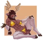 abs animal_humanoid anthro antlers big_breasts bikini breasts brown_hair camel_toe clothing deer deer_humanoid female fur hair hb-viper hi_res hooves horn humanoid looking_at_viewer mammal mammal_humanoid moose_humanoid muscular muscular_female muscular_humanoid new_world_deer new_world_deer_humanoid reclining sitna solo swimwear two-piece_swimsuit white_body white_fur