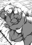 ailurid anthro asakura_kento belly big_belly biped black_and_white bulge clothed clothing digital_media_(artwork) facial_markings fluffy fluffy_tail fur fur_markings hand_behind_head head_markings hi_res inside kemono lying male male_anthro mammal markings mattress monochrome navel on_side one_eye_closed open_mouth overweight overweight_anthro overweight_male red_panda solo tail underwear underwear_only