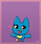 adorabat anthro artist_name bat bat_wings big_ears black_eyes blue_body blue_ears blue_fur blue_wings blush border cartoon_network child cute_fangs eyelashes fangs female fur genitals heshieokf hi_res mammal mao_mao:_heroes_of_pure_heart membrane_(anatomy) membranous_wings opens_mile pegleg purple_background purple_border signature simple_background solo teeth teeth_showing winged_arms wings yellow_sclera young