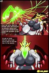 absurd_res al_gx anthro battle big_breasts breasts comic crown duo energy english_text female generation_4_pokemon generation_7_pokemon giratina green_body grey_body headgear hi_res legendary_pokemon long_socks male nintendo origin_forme_giratina pokemon pokemon_(species) shadow story text wings zygarde zygarde_complete_forme