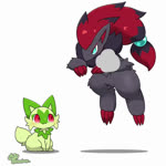 1:1 ambiguous_gender animated anthro anthro_to_feral biped blue_eyes blush duo feral fur generation_5_pokemon generation_9_pokemon green_tail grey_body grey_fur illusion multicolored_body multicolored_fur nintendo on_ground pawpads pokemon pokemon_(species) pupils quadruped red_body red_eyes red_fur shadow short_playtime short_tail simple_background smile sound species_transformation sprigatito tail tontaro transformation webm white_background zoroark