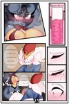 2:3 7_panel_comic absurd_res anthro black_body blue_body blush border canid cinderace clothing comic dialogue duo ears_down english_text erection eyewear female generation_4_pokemon generation_8_pokemon glasses heart_eyes heart_symbol hi_res imboredhh lagomorph lingerie lucario male mammal nintendo orange_body orange_eyes pink_eyes pivoted_ears pokemon pokemon_(species) red_body red_bow sapphira_(imboredhh) simple_background spikes spikes_(anatomy) text white_body white_border zethan_(blackngth)