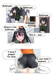 anthro black_hair blush bodily_fluids butt clothed clothing desperation domestic_cat english_text fart felid feline felis female group hair holding_in_feces human mammal pink_eyes standing tears text unoroute unousaya white_hair