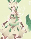 4:5 ahoge alternate_species alternative_fashion animal_humanoid bare_shoulders blonde_hair blush breasts brown_eyes clothing country_lolita dress eeveelution female fingerless_gloves generation_4_pokemon gloves gradient_hair green_background green_clothing green_dress green_hair hair handwear hi_res humanoid humanoidized j-fashion leaf leafeon lolita_(fashion) looking_at_viewer multicolored_hair nintendo pokemon pokemon_(species) pokemon_humanoid pokemorph simple_background small_breasts solo tail takeshima_(nia)