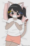 2:3 absurd_res anthro bed bedroom_eyes black_eyes domestic_cat embarrassed felid feline felis female furniture hi_res kawaiirosiechan mammal narrowed_eyes night ribbons seductive solo young young_female