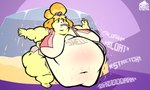 2021 animal_crossing anthro artist_logo bell bell_accessory belly belly_blush belly_expansion belly_overhang big_belly big_breasts black_sclera bloat_(sound_effect) blonde_hair blush body_blush bottomwear breast_expansion breasts canid canine canis clothing colored container dessert digital_media_(artwork) domestic_dog expansion eyelashes eyeshadow female food grey_bottomwear grey_clothing grey_skirt groan groaning_belly gulp_(sound_effect) hair hi_res hose hose_in_mouth huge_belly huge_breasts huge_thighs hyper hyper_belly hyper_breasts hyper_thighs ice_cream isabelle_(animal_crossing) logo looking_at_belly looking_at_own_belly looking_down looking_down_at_self makeup mammal morbidly_obese morbidly_obese_anthro morbidly_obese_female motion_lines navel nintendo obese obese_anthro obese_female onomatopoeia overweight overweight_anthro overweight_female pink_clothing pink_topwear purple_background red_eyeshadow red_hairband shih_tzu simple_background skirt slosh sloshing_belly solo sound_effects stretch_marks tan_belly tan_breasts text thefoxsista thick_thighs thigh_expansion topwear toy_dog weight_gain white_eyes yellow_body yellow_ears