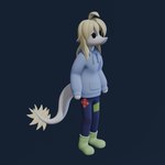 1:1 3d_(artwork) anthro blonde_hair cavemanon_studios clothed clothing digital_media_(artwork) dinosaur dot_eyes female freckled_face freckles hair hi_res hoodie judee patched_clothing prehistoric_species reptile scalie snoot_game solo standing theropod topwear troodon troodontid unknown_artist white_body