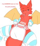 absurd_res anthro arm_tuft arm_warmers armwear biped blush bottomwear cheek_tuft chest_tuft clean_diaper clothed clothing diaper dragon english_text facial_tuft fangs fluffy fur furred_dragon furred_scalie hardscales head_tuft hi_res inner_ear_fluff legwear looking_at_viewer lucky_(msi) male membrane_(anatomy) membranous_wings msi mythological_creature mythological_scalie mythology pattern_armwear pattern_clothing pattern_legwear red_body red_fur scalie shoulder_tuft simple_background smile solo striped_armwear striped_clothing striped_legwear stripes tail teeth text thigh_highs tuft underwear wearing_diaper wings yellow_wings