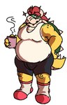 anthro apolonoise belly beverage big_belly big_butt black_bottomwear black_clothing black_shorts bottomwear bowser butt claws clothing coffee coffee_mug fangs footwear green_body green_scales horn koopa male mane mario_bros musclegut muscular muscular_male nintendo overweight overweight_male red_mane scales scalie shell shirt shorts simple_background snout socks solo tail tank_top teeth tight_clothing topwear turtle_shell white_background white_clothing white_shirt white_tank_top white_topwear yellow_body yellow_scales