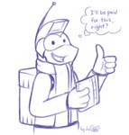 2021 alien anthro drawing_tablet dsp2003 english_text environmental_suit freefall_(webcomic) gesture half-length_portrait hand_gesture hi_res holding_object looking_at_viewer male monochrome portrait sam_starfall scarf simple_background smile solo text thought_bubble thumbs_up