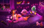 14:9 anthro bed bedroom blue_eyes bottomwear canid canine cd_player clothing electronics elemental_creature female flora_fauna fox fur furniture generation_1_pokemon green_yoshi headphones hi_res kirby_(series) lying mammal mario_bros musical_note musical_symbol nintendo nintendo_switch on_bed orange_body orange_fur pants pikachu piranha_plant plant pokeball pokemon pokemon_(species) rukifox solo symbol the_legend_of_zelda yoshi yumi_(yatofox)