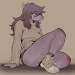 2024 anthro bodily_fluids bottomwear breasts brown_hair clothed clothed_anthro clothed_female clothing crying deltarune digital_drawing_(artwork) digital_media_(artwork) dinosaur female female_anthro fingers footwear freckled_face freckles full-length_portrait hair hi_res long_hair long_sleeves monster mouth_closed non-mammal_breasts portrait prehistoric_species purple_body purple_face purple_scales purple_skin reptile scales scalie shoes simple_background sitting snoozysoozyy solo susie_(deltarune) sweater tears topwear undertale_(series) wounded yellow_eyes