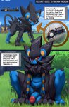 anthro balls before_and_after comic digital_media_(artwork) english_text feral feral_to_anthro fur generation_4_pokemon genitals hi_res humanoid_genitalia humanoid_penis luxray male nintendo outside penis picturd pokeball pokemon pokemon_(species) pokemorph red_sclera solo text transformation transformation_by_pokeball