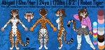 animal_print bottomwear breasts clothing english_text felid feline female genitals hi_res hoodie legwear machine mammal model_sheet pantherine pussy raevi10 robot robot_anthro shorts stripes text thigh_highs tiger tiger_print topwear url