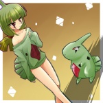 1:1 2010 alternate_species clothing cosplay costume duo female feral generation_2_pokemon green_body green_hair green_skin hair human humanized larvitar low_res mammal nintendo pokemon pokemon_(species) pokemon_costume ponytail ranphafranboise red_eyes