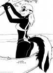 2018 anthro bedroom_eyes bikini breasts clothed clothing ear_piercing female fur hair half-closed_eyes kelly_o'dor looking_back mammal mephitid monochrome narrowed_eyes piercing plant seductive skunk solo striped_skunk swimwear tail tegerio tree two-piece_swimsuit zandar's_saga