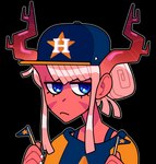 2022 alpha_channel baseball_cap blue_eyes clothing demon discount-supervillain female flag hair hat headgear headwear horn horned_humanoid houston_astros humanoid not_furry pink_hair red_body red_skin simple_background solo transparent_background