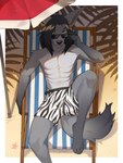 3:4 abs animal_print anthro anubian_jackal athletic barefoot beach beach_chair beach_umbrella black_hair canid canine canis clothed clothing eihman eyewear feet fur green_eyes grey_body grey_fur hair hi_res jackal leon_(leonjackyl) long_hair looking_at_viewer lounger lying male male_anthro mammal on_back outside parasol sand solo summer sunglasses swimming_trunks swimwear swimwear_only topless topless_male umbrella zebra_print