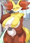 absurd_res anthro big_breasts blush breast_curtains breasts canid canine delphox female fur generation_6_pokemon hi_res huge_breasts infidelity inner_ear_fluff japanese_text looking_at_viewer mammal mature_anthro mature_female megane_inu nintendo nude pokemon pokemon_(species) red_body smile solo text translated tuft yellow_body yellow_fur