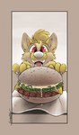 anthro big_ears burger burger_patty cheese dairy_products digital_drawing_(artwork) digital_media_(artwork) food fur head_tuft hi_res hyena ketchup lettuce mammal mayonnaise plant red_eyes sandwich_(food) sesame_seed_bun sesame_seeds shaded simple_background simple_color simple_coloring simple_colors simple_shading softailfox spot_color tuft vegetable white_nose wrapping_paper yellow_body yellow_fur