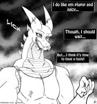 2016 anthro bodily_fluids clothing comic dragon drooling english_text hi_res horn if_hell_had_a_taste licking licking_lips male monochrome muscular muscular_anthro muscular_male mythological_creature mythological_scalie mythology open_mouth saliva scales scalie scar shirt skylar_fidchell solo text tongue tongue_out topwear ventral_scales viroveteruscy