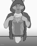 2022 african_wild_dog anthro athletic biped bulge canid canine clothing detailed_bulge gariyuu_(artist) genital_outline greyscale hi_res hoodie jackson_(tndoggo) jockstrap looking_at_viewer male male_anthro mammal monochrome penis_outline presenting presenting_bulge simple_background solo topwear underwear