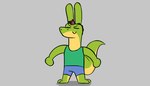 alligator alligatorid anthro bottomwear clothing crocodilian hair hi_res hybrid jovi_cap jovi_cap_(oc) lagomorph leporid male mammal purple_hair rabbit reptile scalie shirt shorts simple_background smile solo tail topwear