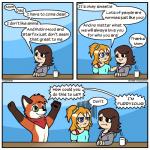 1:1 2016 anthro black_eyes blue_eyes brown_hair canid canine claire_(foxdad) clothing coffee_mug comic container costume cup dialogue english_text female fox fox_costume foxdad furry_lifestyle fursuit fuzzt0ne green_eyes group hair hi_res hoodie human humor inside male mammal open_mouth otamom ponytail pun scarf simple_background speech_bubble text topwear