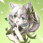 accessory alternate_species anthro archon_(genshin_impact) blush canid canine choual clothed clothing female fox fur furrification genshin_impact green_clothing green_eyes hair hair_accessory hi_res kemono looking_at_viewer mammal mihoyo nahida_(genshin_impact) smile solo white_body white_fur white_hair young