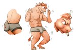 anthro bovid bovine bulge clothing european_mythology facial_piercing fur fur_growth greek_mythology growth hair hoof_growth horn horn_growth human male mammal minotaur muscle_growth muscular muscular_male mythology nojo nose_piercing nose_ring orange_hair piercing ring_piercing snout snout_growth solo standing tail tail_growth transformation underwear