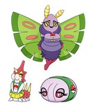 antennae_(anatomy) anthro armless bandage bottomwear breasts cascoon clothing dress dustox female generation_3_pokemon group hi_res horn jacket legless nintendo pokemon pokemon_(species) pupils purple_body red_body red_eyes shirt simple_background skirt topwear trio urusee584 white_background white_pupils wings wurmple yellow_eyes