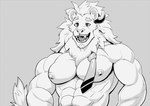 age_progression anthro areola biceps eyebrows felid horn inner_ear_fluff lion male mammal mane monochrome mumu202 mumu_(mumu202) muscular muscular_anthro muscular_male necktie nipples open_mouth open_smile pantherine pecs smile solo tuft