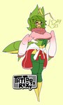 2022 3:5 antennae_(anatomy) anthro arthropod breasts clothing english_text eyewear female generation_5_pokemon glasses green_background green_body green_hair hair happy hi_res insect jacket leavanny nintendo pokemon pokemon_(species) red_eyes simple_background solo sweater tattoorexy text topwear