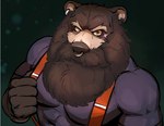 2023 4_fingers abs anthro barazoku bear beard biceps big_beard big_biceps big_mustache big_pecs broken_tooth brown_arms brown_bear brown_beard brown_body brown_ears brown_facial_hair brown_fingers brown_fur brown_hands brown_mustache brown_nose bust_portrait clothing countershade_face countershading daddyfication dark_beard dark_facial_hair dark_mustache digital_drawing_(artwork) digital_media_(artwork) ear_piercing eyebrows facial_hair facial_piercing facial_scar fangs ffizzy fingers fur grizzly_bear hi_res holding_suspenders humanoid_hands looking_at_viewer male mammal manly monotone_beard monotone_facial_hair monotone_mustache mouth_covered muscular muscular_anthro muscular_arms muscular_male mustache nose_piercing orange_eyes pecs piercing pokenerd8 portrait scar septum_piercing shirt solo suspenders tan_eyebrows tan_face tan_inner_ear teeth thick_arms third-party_edit topwear ursine