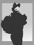 2024 ambiguous_gender anthro black_body black_fur buleruby canid canine changed_(video_game) colored digital_drawing_(artwork) digital_media_(artwork) fur goo_creature hand_on_hip hi_res mammal mask monochrome navel puro_(changed) simple_background skull_mask solo tail