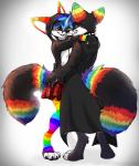 2019 4_toes 5_fingers anthro antony_benjiro biped black_body black_fur black_hair black_nose blue_hair canid canine clothed clothing collar digital_media_(artwork) digitigrade duo eyebrows eyelashes feet femboy fingers fox fur hair hi_res leg_warmers legwear lgbt_pride magenta7 male male/male mammal markings multicolored_clothing multicolored_leg_warmers multicolored_legwear multicolored_markings open_mouth pattern_clothing pattern_legwear pride_color_clothing pride_color_leg_warmers pride_color_legwear pride_color_markings pride_colors rainbow_pride_colors rainbow_symbol selfcest seven-stripe_rainbow_pride_colors simple_background sparklefur square_crossover standing striped_clothing striped_legwear stripes tail teeth toes tongue