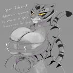 anthro bdsm big_breasts bodily_fluids bondage bound breasts chasm006 curvy_figure dialogue dreamworks english_text felid female greyscale hi_res huge_breasts kung_fu_panda lactating mammal master_tigress monochrome nipples pantherine saliva solo text tiger voluptuous