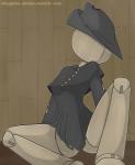 2016 animate_inanimate black_clothing breasts button_(fastener) clothed clothing digital_media_(artwork) doll female hat headgear headwear humanoid living_mannequin mannequin not_furry solo text unavailable_at_source url wall_(structure) wearing_hat whygena wood wood_wall