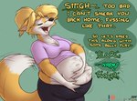 anthro anthro_pred bottomwear canid canine clothing digestion english_text fatal_vore female female_pred fox holding_stomach imminent_death mammal pants rumbling_stomach scott_calico shirt text topwear vore