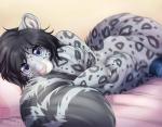 2016 anthro bed big_tail biped black_hair blue_eyes clothing daww depth_of_field digital_media_(artwork) felid femboy fluffy fluffy_tail fur furniture grey_body grey_fur grey_spots grey_tail hair hi_res holding_tail huge_tail legwear leopard_spots long_tail looking_at_viewer lying male mammal markings mostly_nude multicolored_body multicolored_fur multicolored_tail on_bed on_front pantherine pillow pink_nose short_hair signature simple_background snow_leopard solo spots spotted_body spotted_fur stockings taiga_winters tail tail_hug tan_background tartii two_tone_body two_tone_fur two_tone_tail watermark