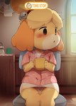 2022 adult_(lore) aloha_shirt animal_crossing anthro black_nose blush camel_toe canid canine canis clothed clothing dagasi detailed_background digital_media_(artwork) domestic_dog english_text female fur hi_res inside isabelle_(animal_crossing) mammal nintendo pattern_clothing pattern_shirt pattern_topwear shih_tzu shirt sitting solo text time_stop topwear toy_dog