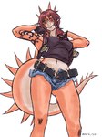 2024 3:4 alternate_costume anthro aquilops arm_tattoo arms_bent artist_name belt biped black_clothing black_crop_top black_shirt black_topwear bottomwear breasts brown_hair ceratopsian clothed clothed_anthro clothed_female clothing cosplay crop_top cutoffs dark_rya denim denim_bottomwear denim_clothing dinosaur eyebrows female fingerless_gloves gloves goodbye_volcano_high gun hair handwear hi_res horn hotpants long_hair long_tail looking_at_viewer looking_down low-angle_view medium_breasts multicolored_body multicolored_scales navel orange_body orange_scales ornithischian pose prehistoric_species raised_arms ranged_weapon red_eyes reptile revy_(black_lagoon) rosa_(gvh) scales scalie shirt shorts simple_background smile solo spiked_tail spikes spikes_(anatomy) tail tan_body tan_scales tattoo topwear two_tone_body two_tone_scales under_boob weapon white_background worm's-eye_view