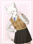 Rating: s
ID: 5514776
Date: 2025-04-19 13:25:49 -0400
Status: active
Score: 1
4_fingers absurd_res anthro black_bottomwear black_clothing black_skirt blue_necktie bottomwear brown_clothing brown_jacket brown_topwear claws clothing domestic_cat eyes_closed felid feline felis female fingers fur gesture greeting_viewer hi_res jacket kemono lokaner mammal necktie paws shirt simple_background skirt smile solo tail topwear waving waving_at_viewer wenxi_(lokaner) white_body white_clothing white_fur white_shirt white_topwear post #5514776